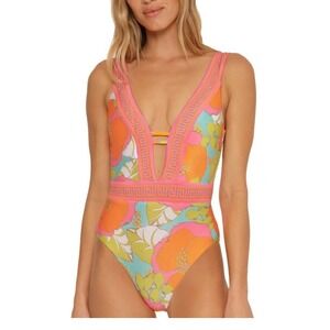 Trina Turk Playa de Flor Women's One Piece Swimsuit Pink Orange Teal Size 14